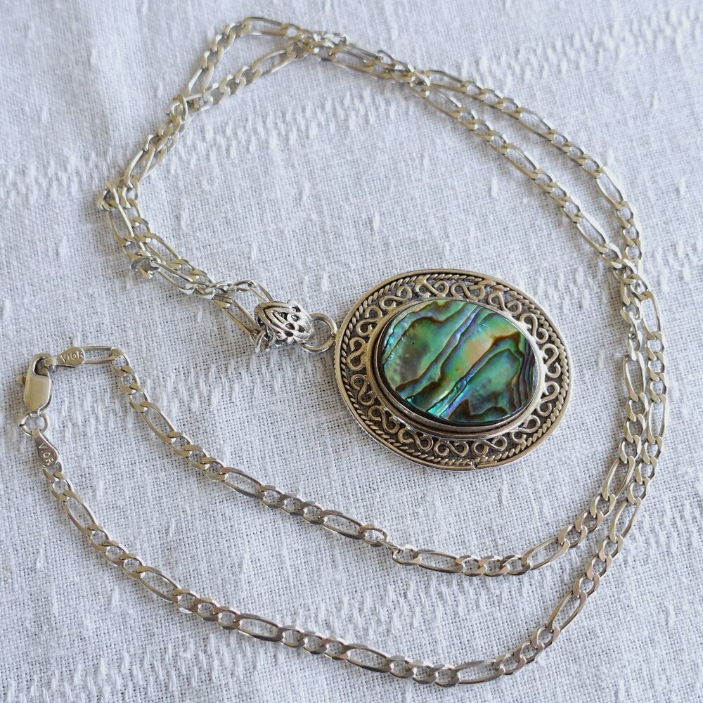 Sterling Chain-Pendant Set 19g - Abalone in Filigree Setting - 24" Italy Figaro